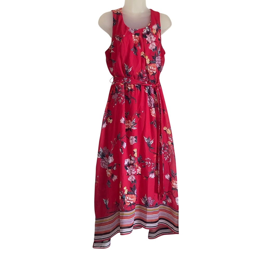 Apt. 9 Women XL Red Floral Handkerchief Hem Midi Dress Sleeveless Belted Chiffon